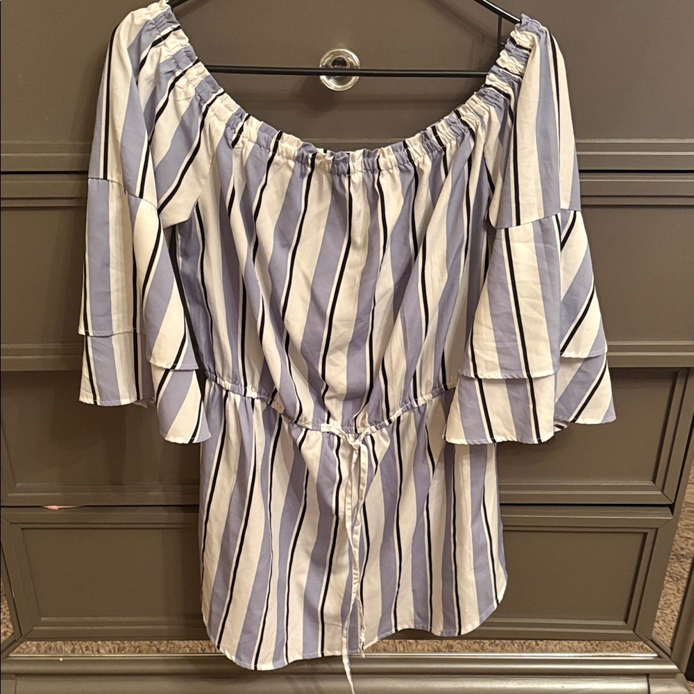 Blush Blue and White Striped Off-Shoulder Blouse